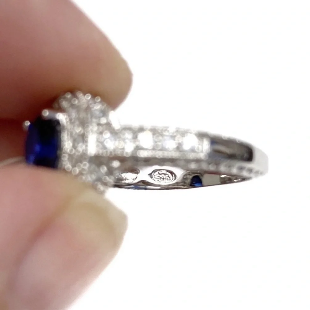 Sterling Silver Sapphire Engagement Ring with CZ Halo Size 7